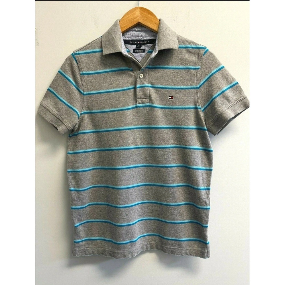 Tommy Hilfiger Men's Size XS Polo Shirt Grey‎ Striped Custom Fit Logo Embroidery